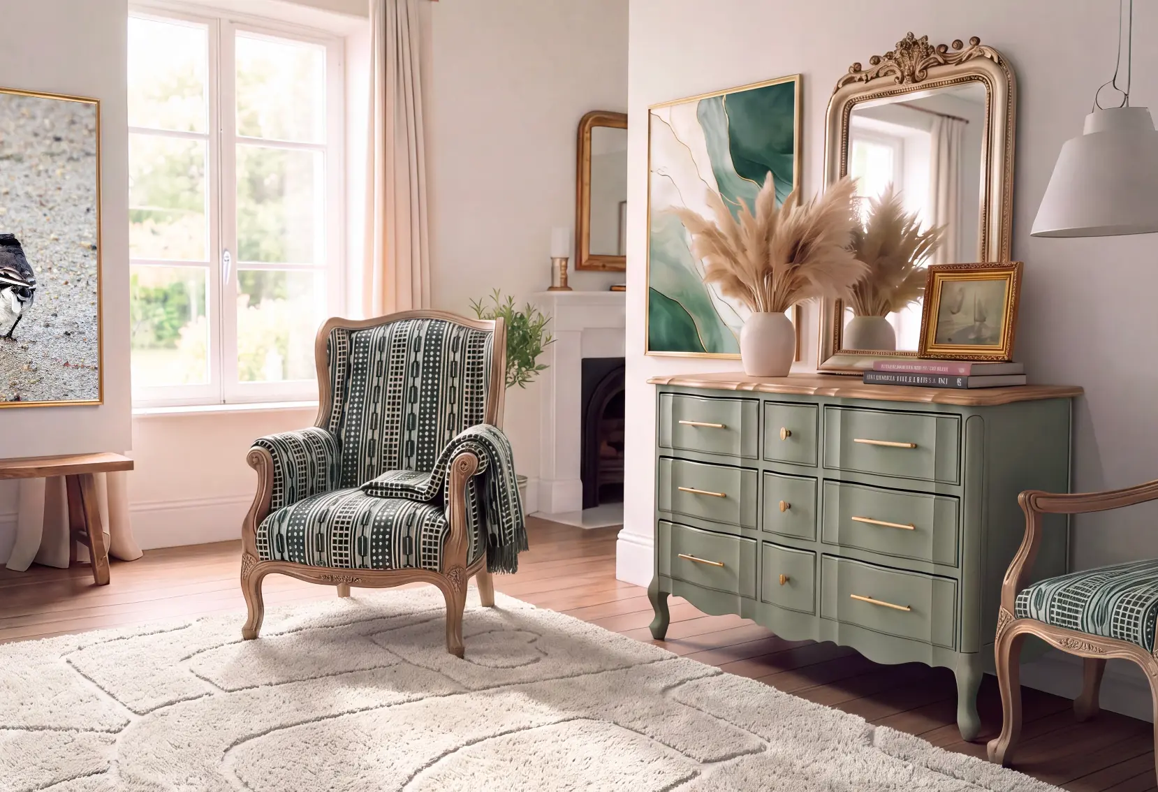 Fauteuil ancien et commode rénovée dans un intérieur campagne chic